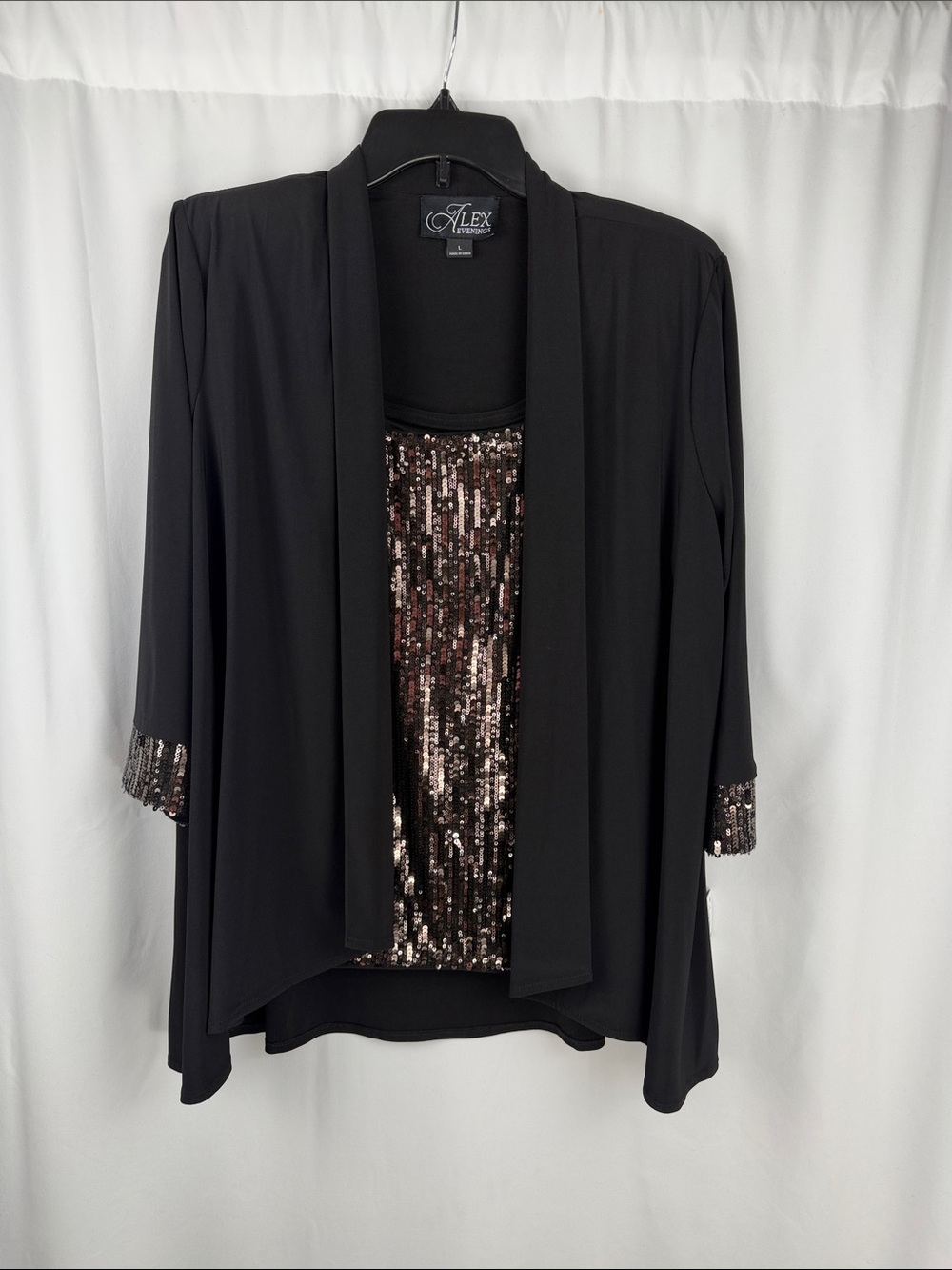 Alex Evenings Black & Bronze Sequin 2-Piece Jacket & Camisole Set Size L NWT